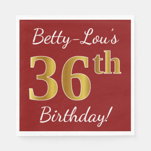 Serviette En Papier Rouge, Faux Gold 36e anniversaire + Nom personnali