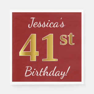 Serviette En Papier Rouge, Faux Gold 41e anniversaire + Nom personnali