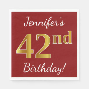 Serviette En Papier Rouge, Faux Gold 42e anniversaire + Nom personnali