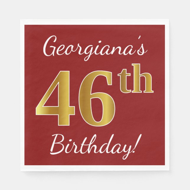 Serviette En Papier Rouge, Faux Gold 46e anniversaire + Nom personnali (Devant)