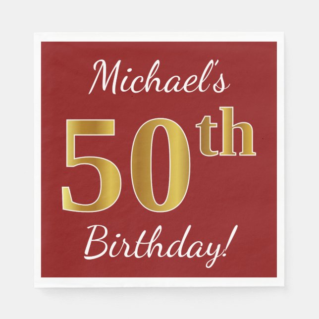 Serviette En Papier Rouge, Faux Gold 50e anniversaire + Nom personnali (Devant)