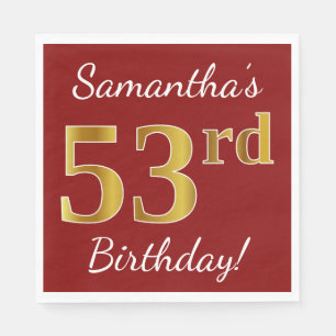 Serviette En Papier Rouge, Faux Gold 53ème anniversaire + Nom personna
