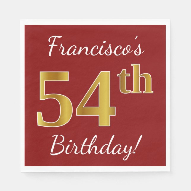 Serviette En Papier Rouge, Faux Gold 54e anniversaire + Nom personnali (Devant)