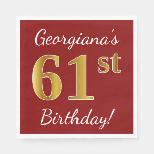 Serviette En Papier Rouge, Faux Gold 61e anniversaire + Nom personnali