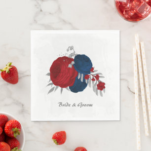 Serviette En Papier rouge foncé & bleu marine fleurs argent