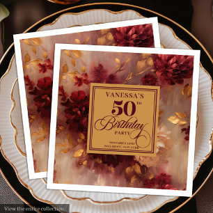 Serviette En Papier Rouge foncé tendance Blush Fleurs dorées 50e Anniv