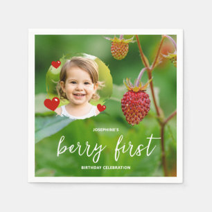 Serviette En Papier Rouge Fraise & Photo d'Enfant Premier Anniversaire
