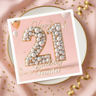 Serviette En Papier Rouge pâle éblouissant et or perle pour 21e annive