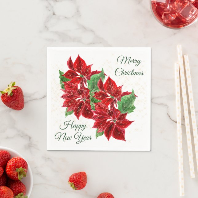 Serviette En Papier Rouge Poinsettia Confetti Papier de Noël (En situation)