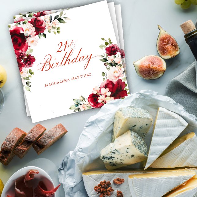 Serviette En Papier Rouge rose Floral 21e anniversaire Cocktail person (Créateur téléchargé)