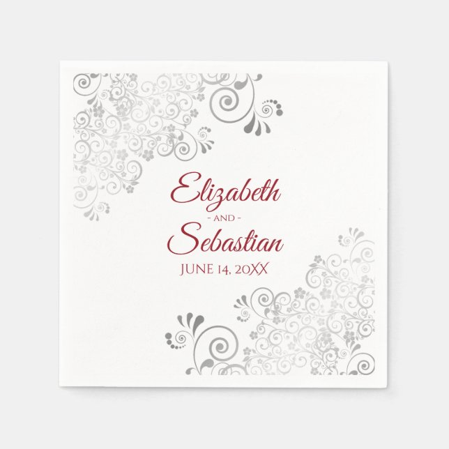 Serviette En Papier Rouge sur blanc avec frites d'argent Mariage éléga (Devant)