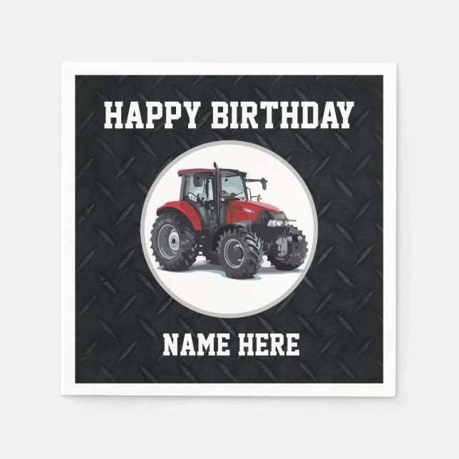 Serviette En Papier Rouge Tracteur Anniversaire Nom Fermier (Devant)