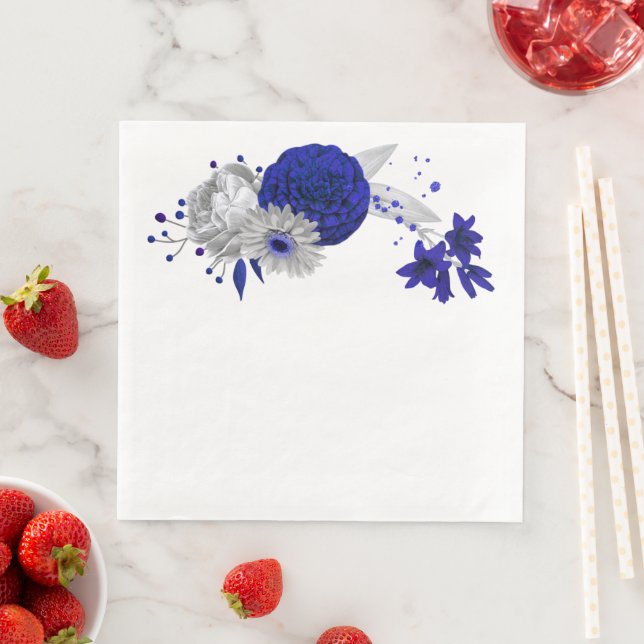 Serviette En Papier royal bleu & argent fleurs & argent feuilles (En situation)