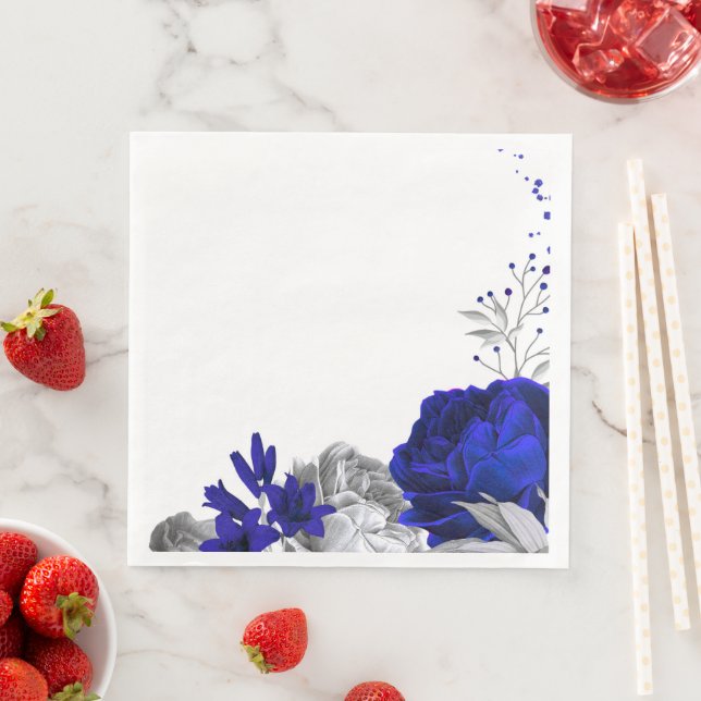 Serviette En Papier royal bleu fleurs & argent feuille mariage (En situation)
