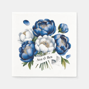 Serviette En Papier Royal Blue and Silver Glittery Peony Mariage