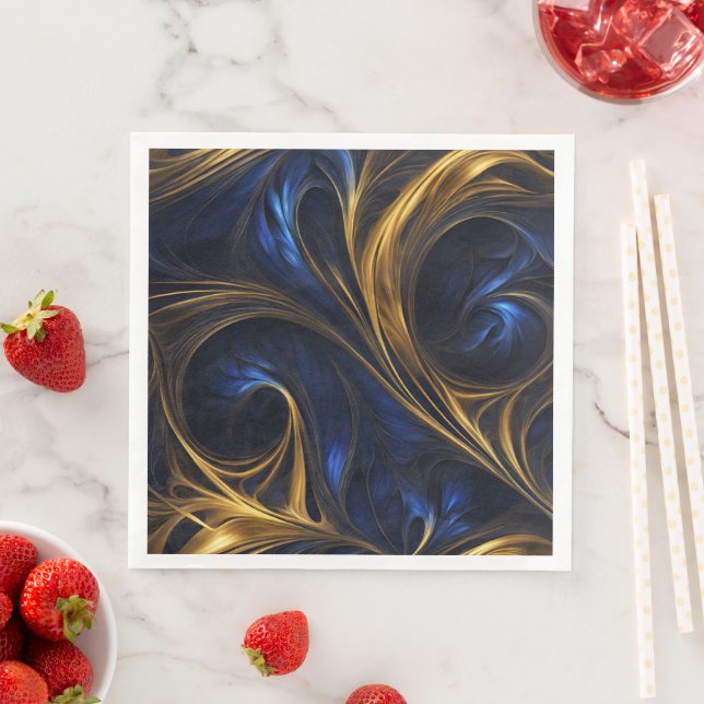 Serviette En Papier Royal Blue Gold Abstrait Swirl (En situation)