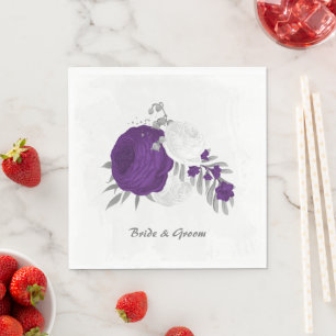 Serviette En Papier royal violet et fleurs blanches argent