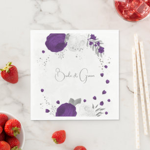 Serviette En Papier royal violet & fleurs blanches argent mariage