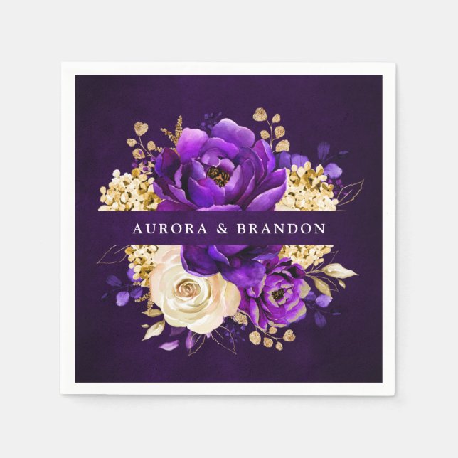 Serviette En Papier Royal violet violet or Floral Mariage botanique (Devant)
