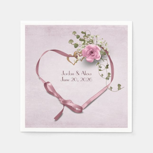 Serviette En Papier ruban de coeur mariage rose avec anneaux (Devant)