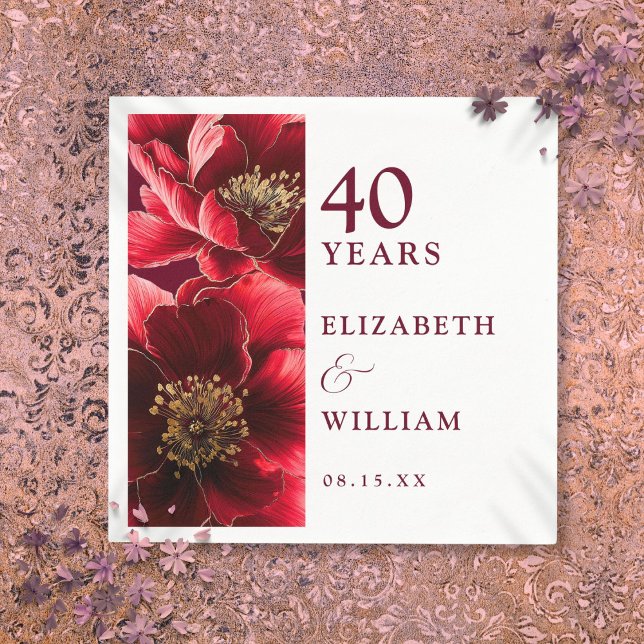 Serviette En Papier Ruby Red Elegant Floral moderne 40e anniversaire (Ruby Red Elegant Modern Floral 40th Anniversary Napkins)