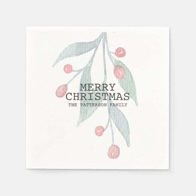 Serviette En Papier Russe Joyeux Noël Holly Berry Aquarelle rouge (Devant)