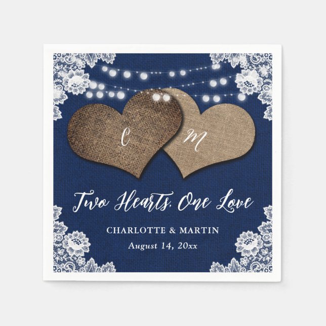 Serviette En Papier Russe Navy Blue Burlap dentelle Mariage (Devant)