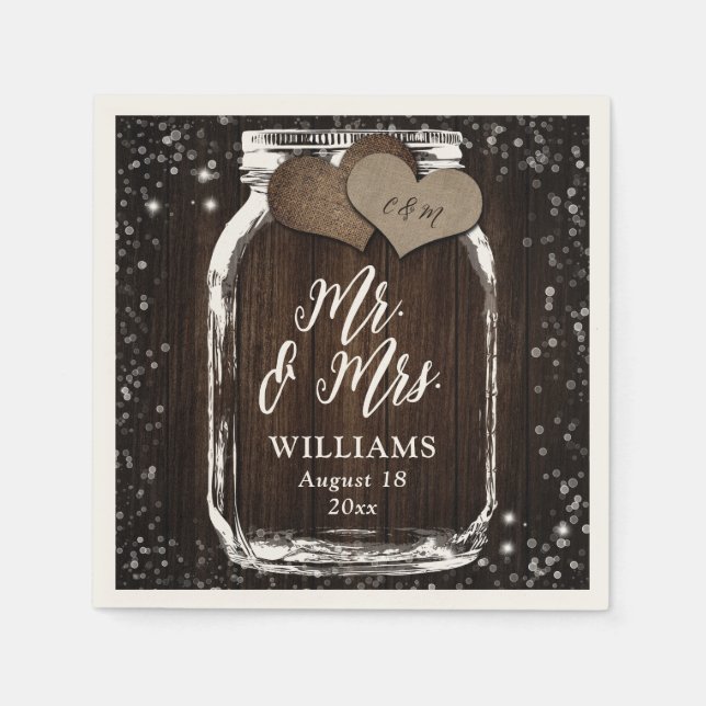 Serviette En Papier Rustic Chic Barn Wood Mason Jar Mr & Mrs Mariage (Devant)