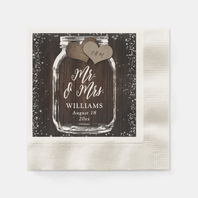 Serviette En Papier Rustic Country Mason Jar Wood Mr & Mrs Mariage (Devant)