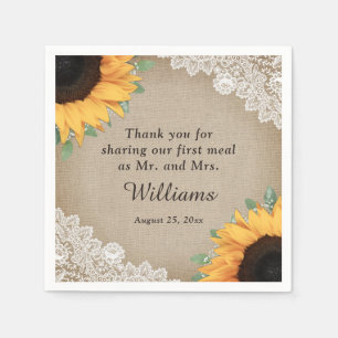 Serviette En Papier Rustic County Burlap et Lace Sunflower Mariage