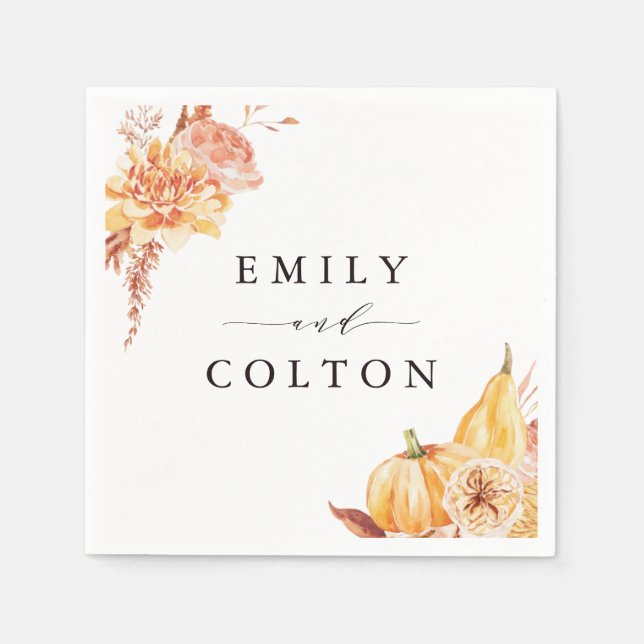 Serviette En Papier Rustic Fall Gold Floral Citrouille Mariage (Devant)