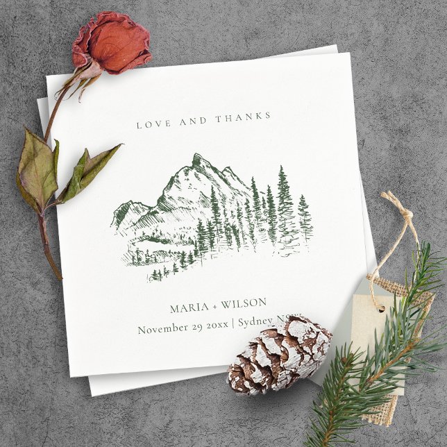 Serviette En Papier Rustic Green Pine Woods Mountain Sketch Mariage (Créateur téléchargé)
