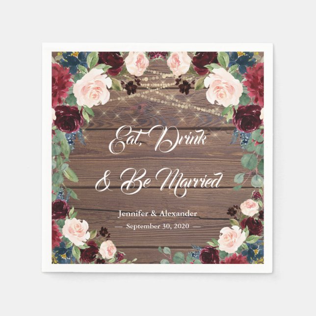 Serviette En Papier Rustic Marsala Mariage Mange Boire & Se Marier (Devant)