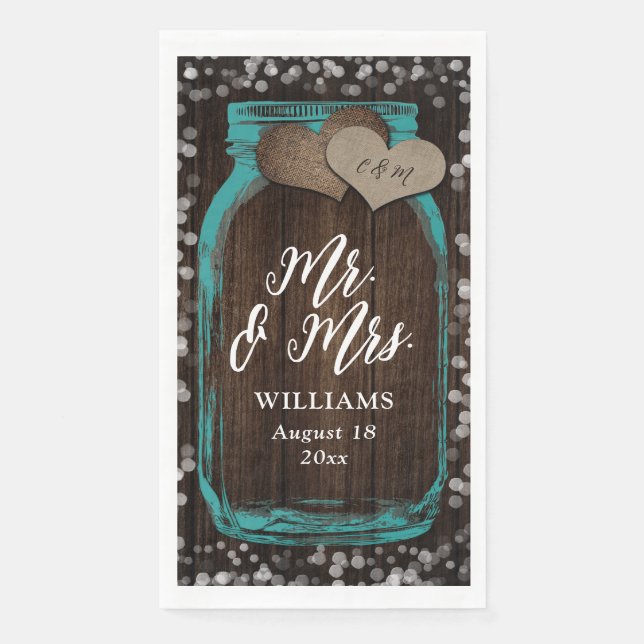 Serviette En Papier Rustic Turquoise Mason Jar Wood Mr & Mrs Mariage (Devant)