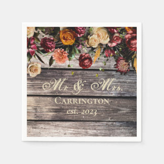 Serviette En Papier Rustic Wood Floral Mr & Mrs Mariage