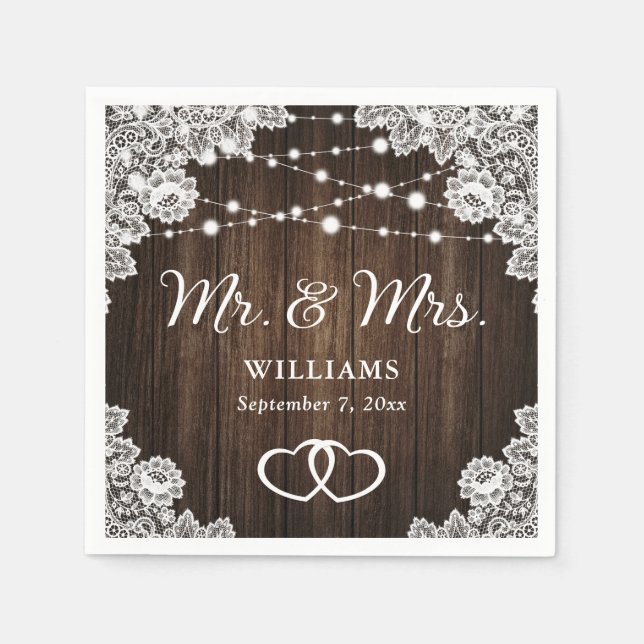 Serviette En Papier Rustic Wood Hearts Dentelle String Mariage (Devant)