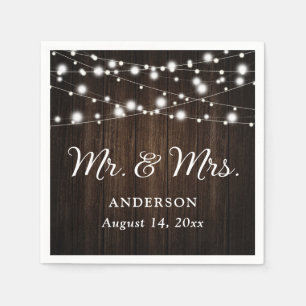 Serviette En Papier Rustic Wood String éclaire M. et Mme Mariage