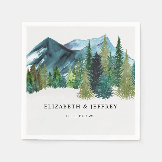 Serviette En Papier Rustique Aquarelle Montagnes Pine Mariage d'hiver (Devant)