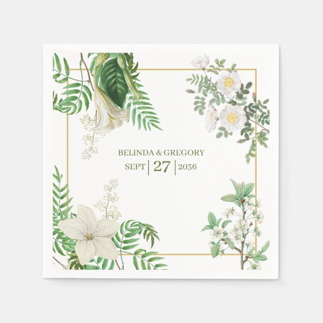 Serviette En Papier Rustique blanc vert aquarelle Mariage or Floral (Devant)