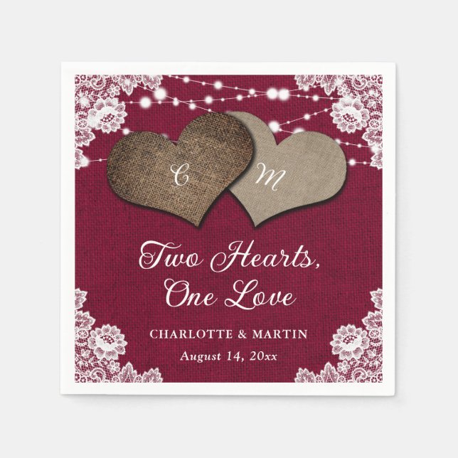 Serviette En Papier Rustique Bourgogne Burlap Lace String Mariage (Devant)