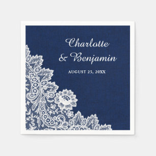 Serviette En Papier Rustique Burlap et dentelle Mariage bleu marine