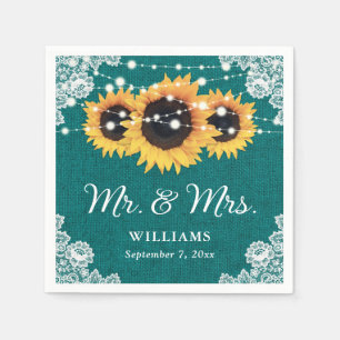 Serviette En Papier Rustique Burlap Lace Tournesol Mariage Turquoise