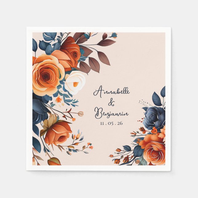 Serviette En Papier Rustique Burnt Orange et Mariage bleu (Devant)