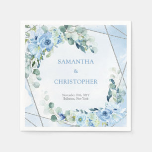 Serviette En Papier Rustique Dusty Blue Floral argent cadre Mariage