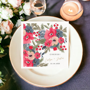 Serviette En Papier Rustique Elégant hiver Floral aquarelle rouge vert