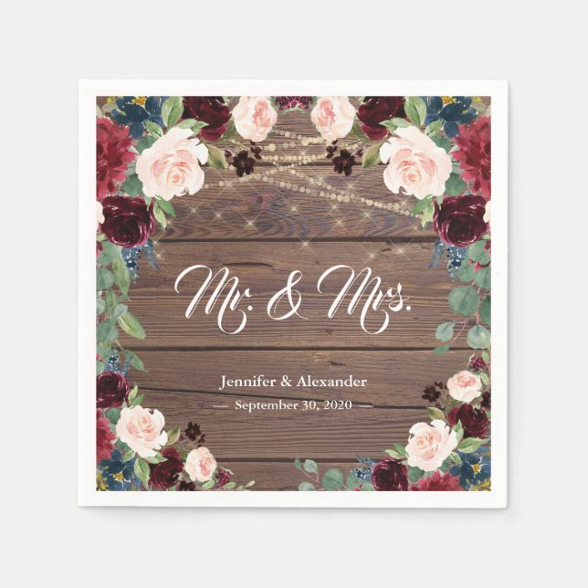 Serviette En Papier Rustique Marsala Burgundy Floral Mariage (Devant)