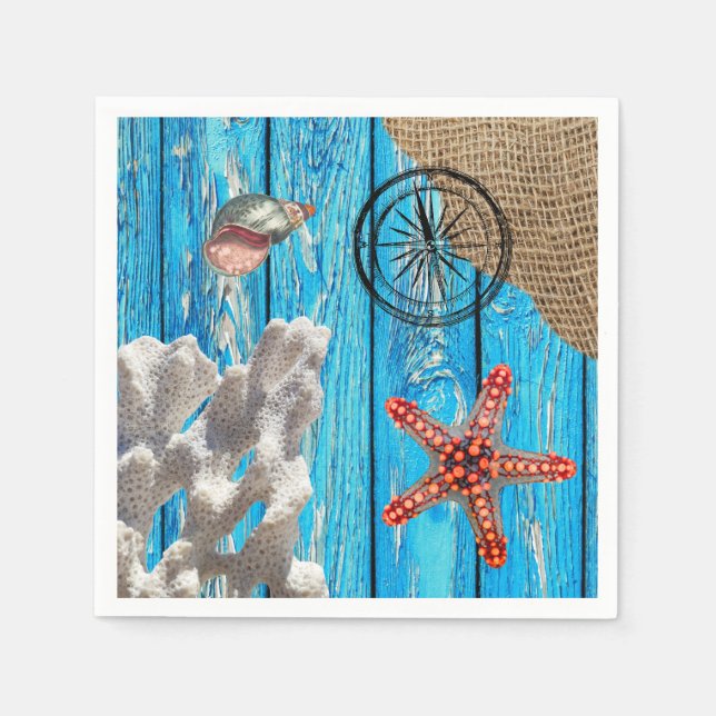 Serviette En Papier Rustique Nautique Bleu Burlap Starfish (Devant)