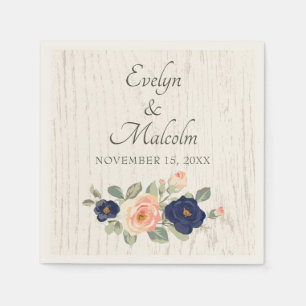 Serviette En Papier Rustique Pays Marine Bleu et Pêcher Floral Mariage