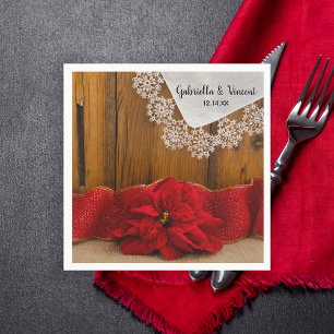 Serviette En Papier Rustique Rouge Poinsettia Pays Mariage d'hiver