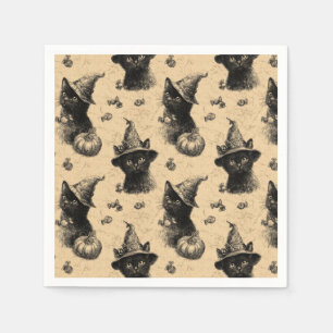 Serviette En Papier Rustique Vintage Chat Noir Sorcière Halloween Moti